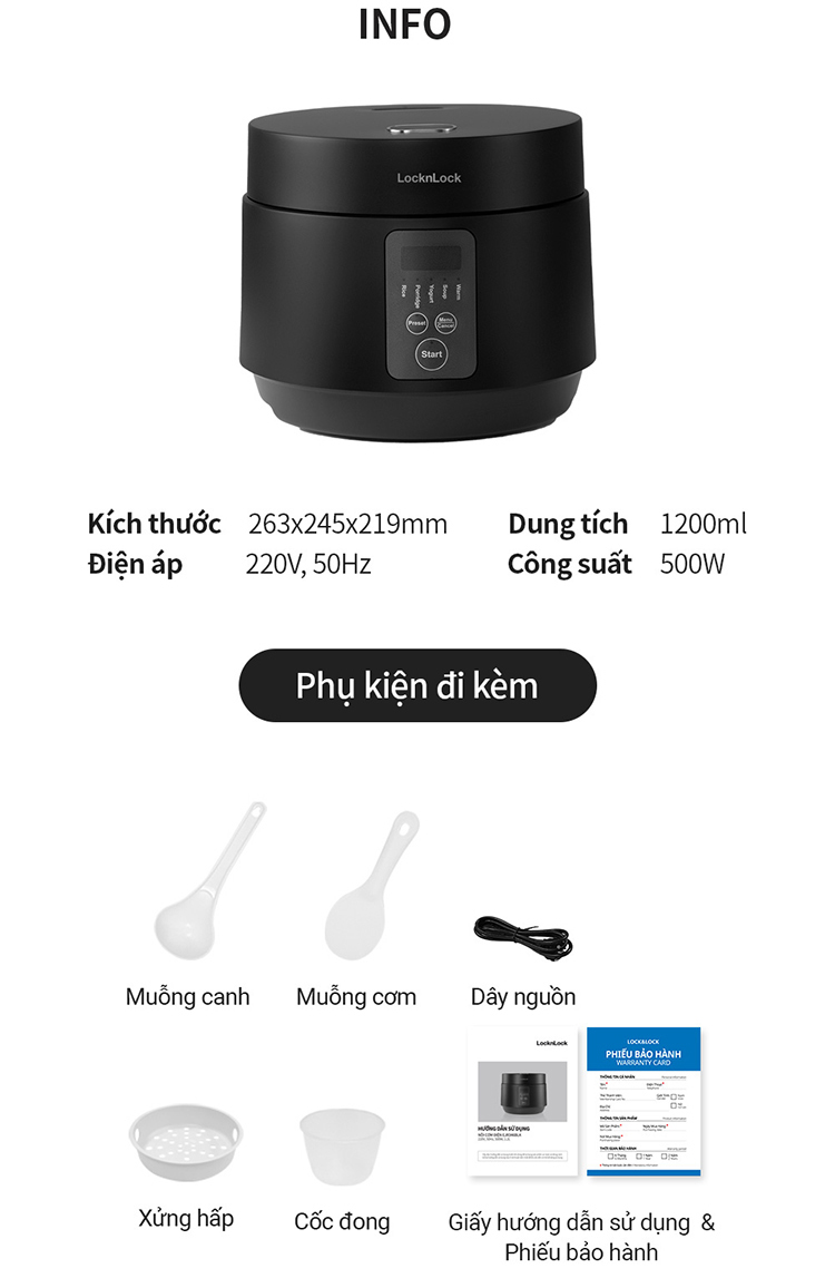 Nồi cơm điện Locknlock EJR346BLK 1.2 Lít - Black - Hàng chính hãng
