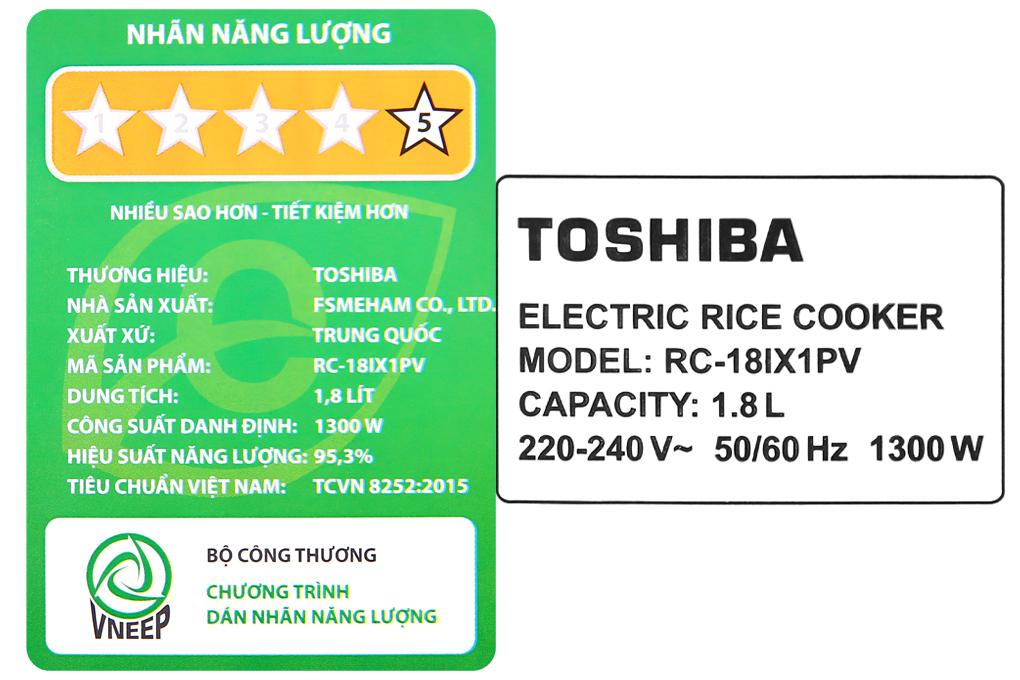 Nồi cơm điện Toshiba 1.8 Lít RC-18IX1PV - Hàng chính hãng