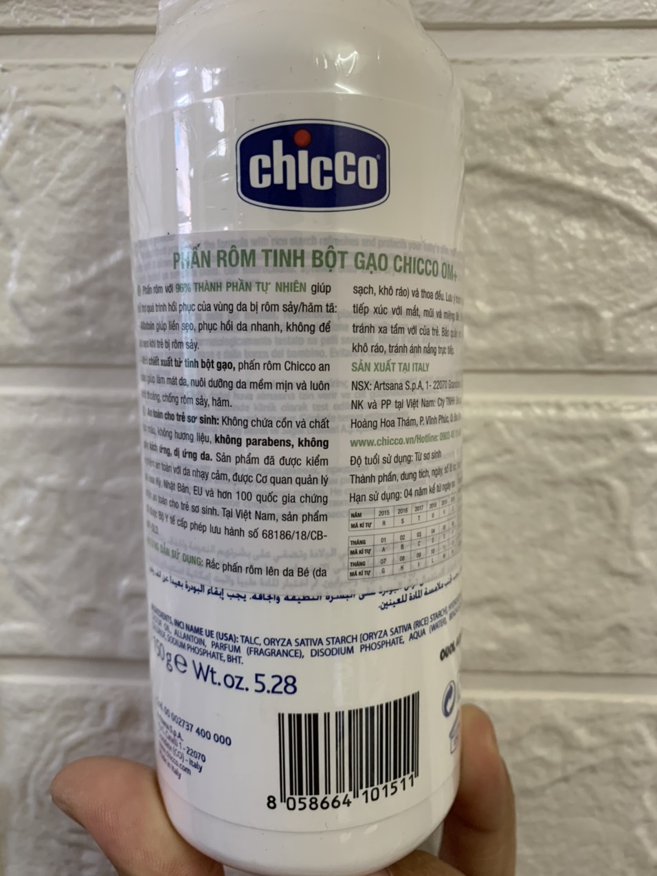 Phấn rôm làm từ tinh bột Gạo Chicco Italy - An toàn cho Bé