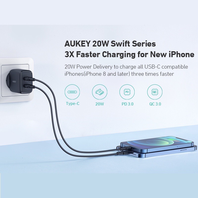 Củ Sạc Nhanh AUKEY PA-R1S Power Delivery 20W - Hai Cổng USB C - Tương Thích Nhiều Thiết Bị - Hàng Chính Hãng