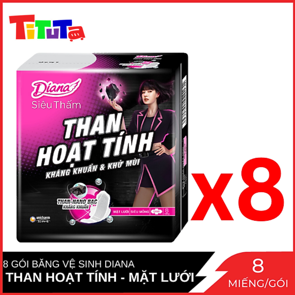 Combo 8 Gói Băng Vệ Sinh Diana Than Hoạt Tính mặt lưới siêu thấm siêu mỏng cánh Gói 8 miếng x8