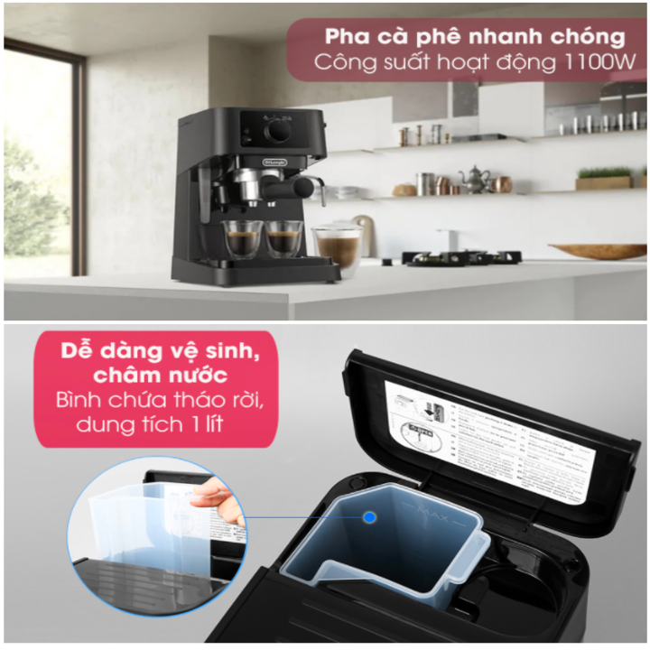 Máy pha cà phê Espresso nhãn hiệu Delonghi EC235.BK công suất 1100 (W) với dung tích 1 lít  Áp suất 15 bar - HÀNG NHẬP KHẨU