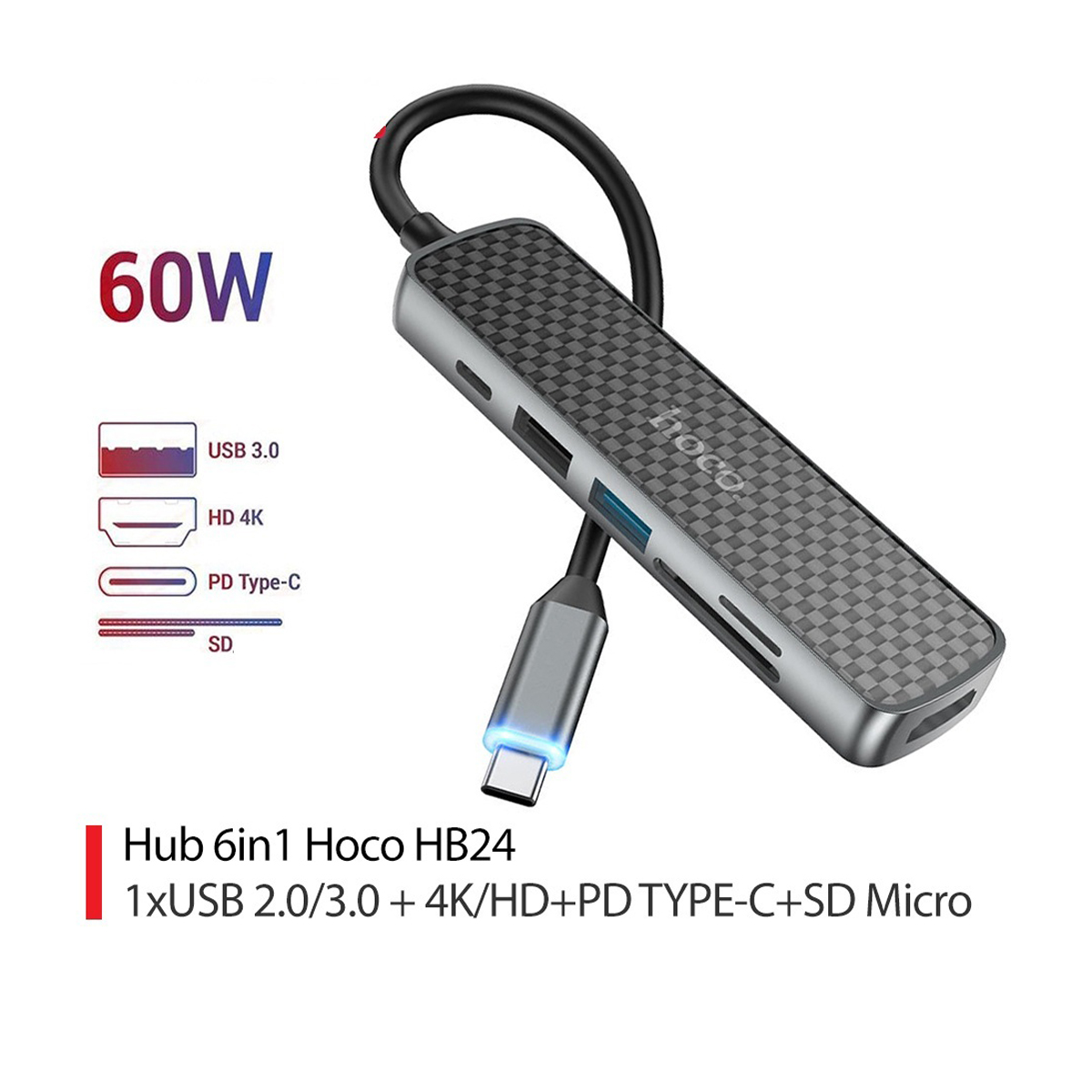 Hub đa năng 60W Hoco HB24 Type-C sang USB 3.0/2/0 + 4K/HD +PD Type-C + SD Micro tích hợp đèn Led - Hàng chính hãng