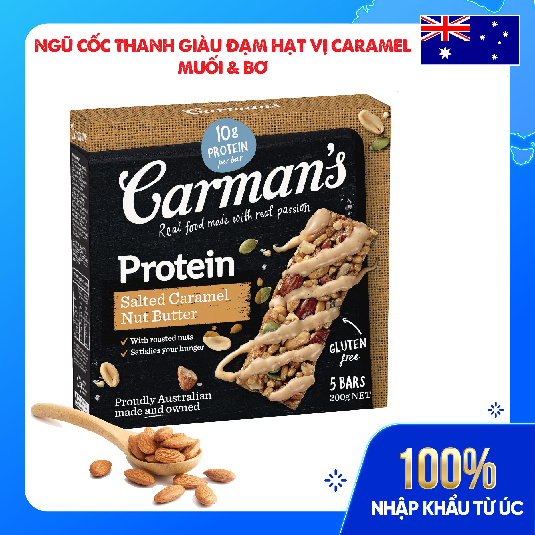 Thanh Giàu Đạm Carman's Protein Bar Salted Caramel Nut Butter - Vị Caramel Muối, Bơ Hạt - 200g