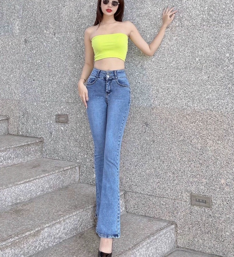 Quần Jean Nữ LƯng Cao Co Giãn 2 Nút Màu Xanh Xám Nhạt