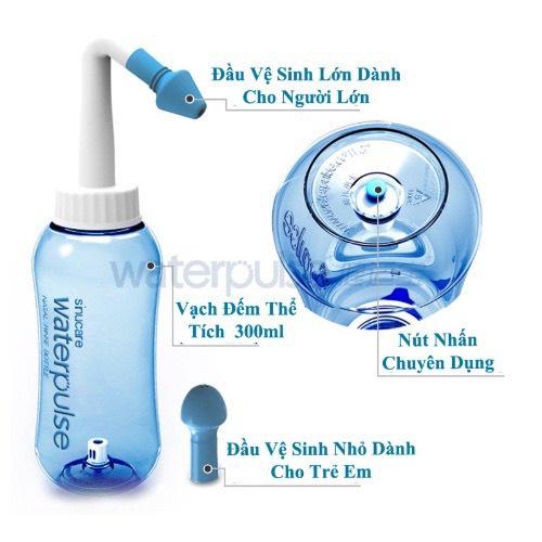 Bình rửa mũi Water Pulse 300ml (Tặng kèm gói muối), giúp làm sạch khoang mũi, loại bỏ bụi bẩn, phấn hoa, chống viêm