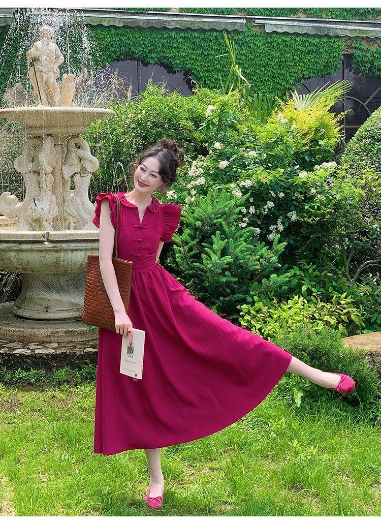 SHUANGYAN Phong cách Pháp phục cổ màu đỏ Tiểu Phi tay áo đầm nữ mùa hè thu eo lộ ra gầy chữ A váy đầm khí chất cao cấp cảm giác váy dài