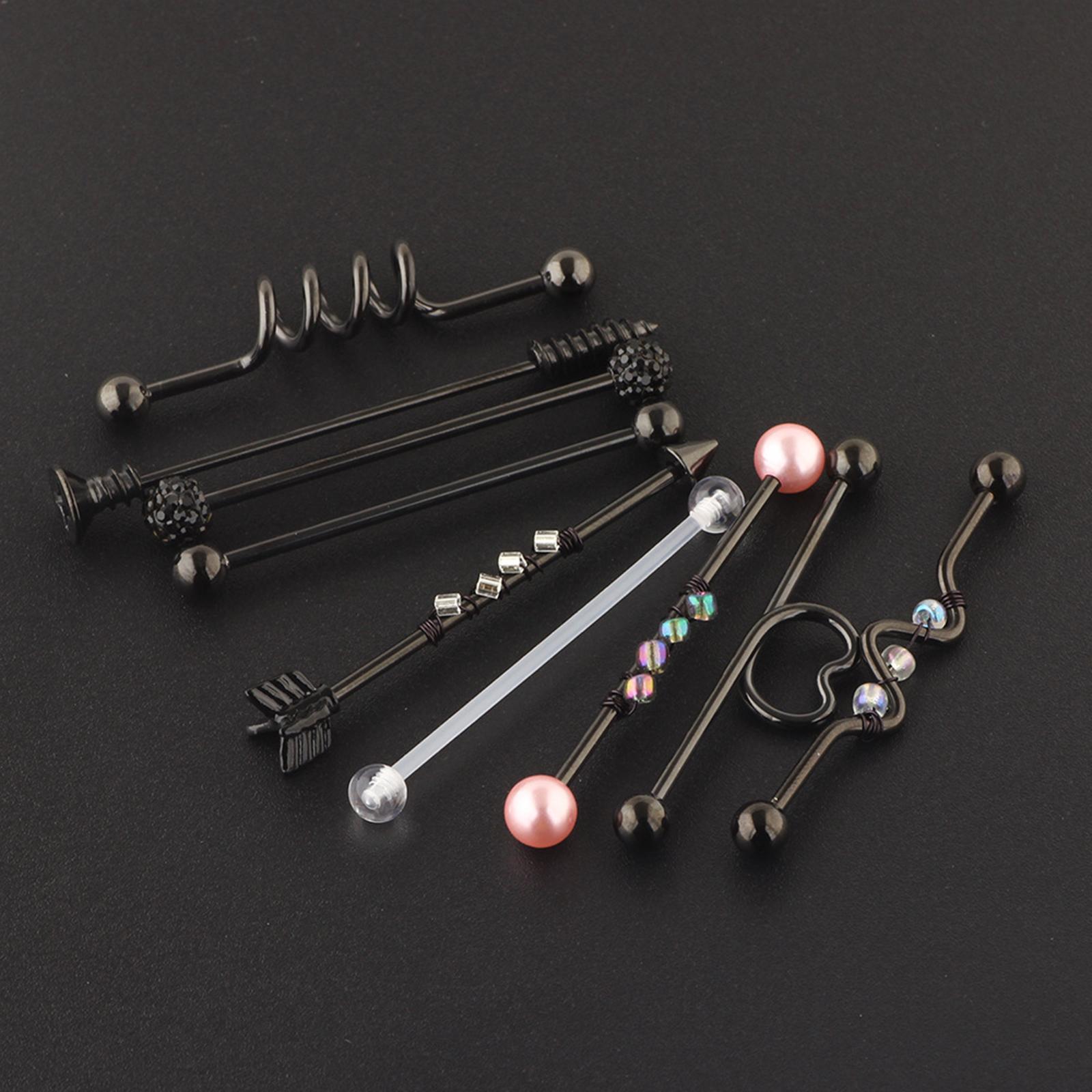 9Pcs Labret Ear Helix Earring Bar Barbell Body Piercing Jewelry Black