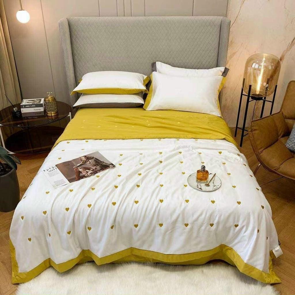 SET LỤA CHĂN TRẦN TIM THÊU NỔI MÀU XANH DƯƠNG