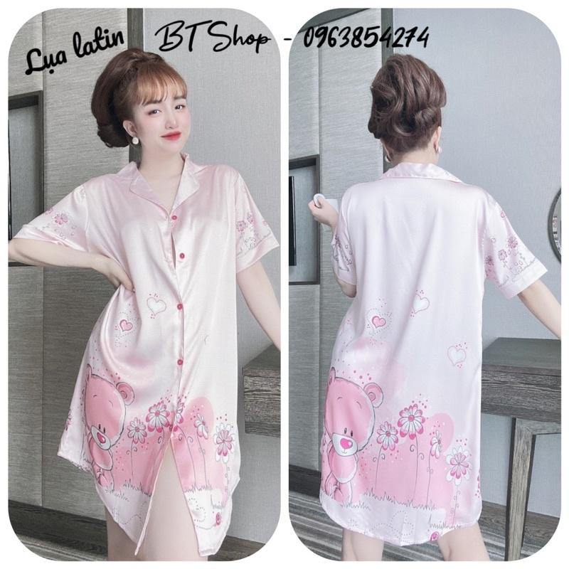 Váy ngủ mặc nhà lụa latin sơ mi hoạ tiết freesize 42-57kg