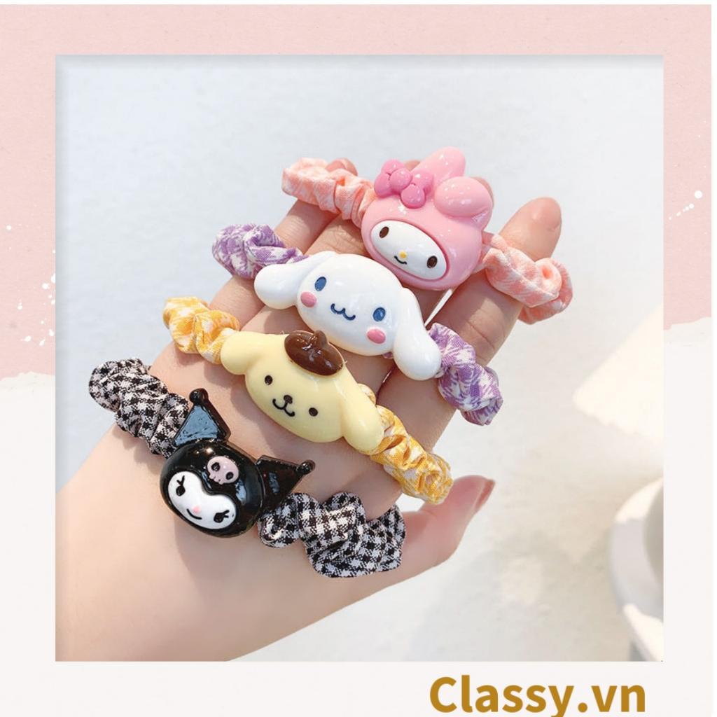 Dây cột tóc Classy scrunchies bằng vải kẻ sọc, đính họa tiết hoạt hình cún, gấu mix hàn quốc dành cho nữ PK1653