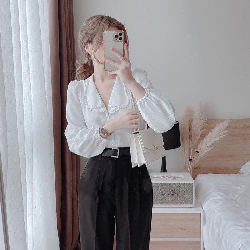 Áo Sơ Mi Cổ Bẻ Viền Ngọc Đi Học Đi Làm Siêu Xinh