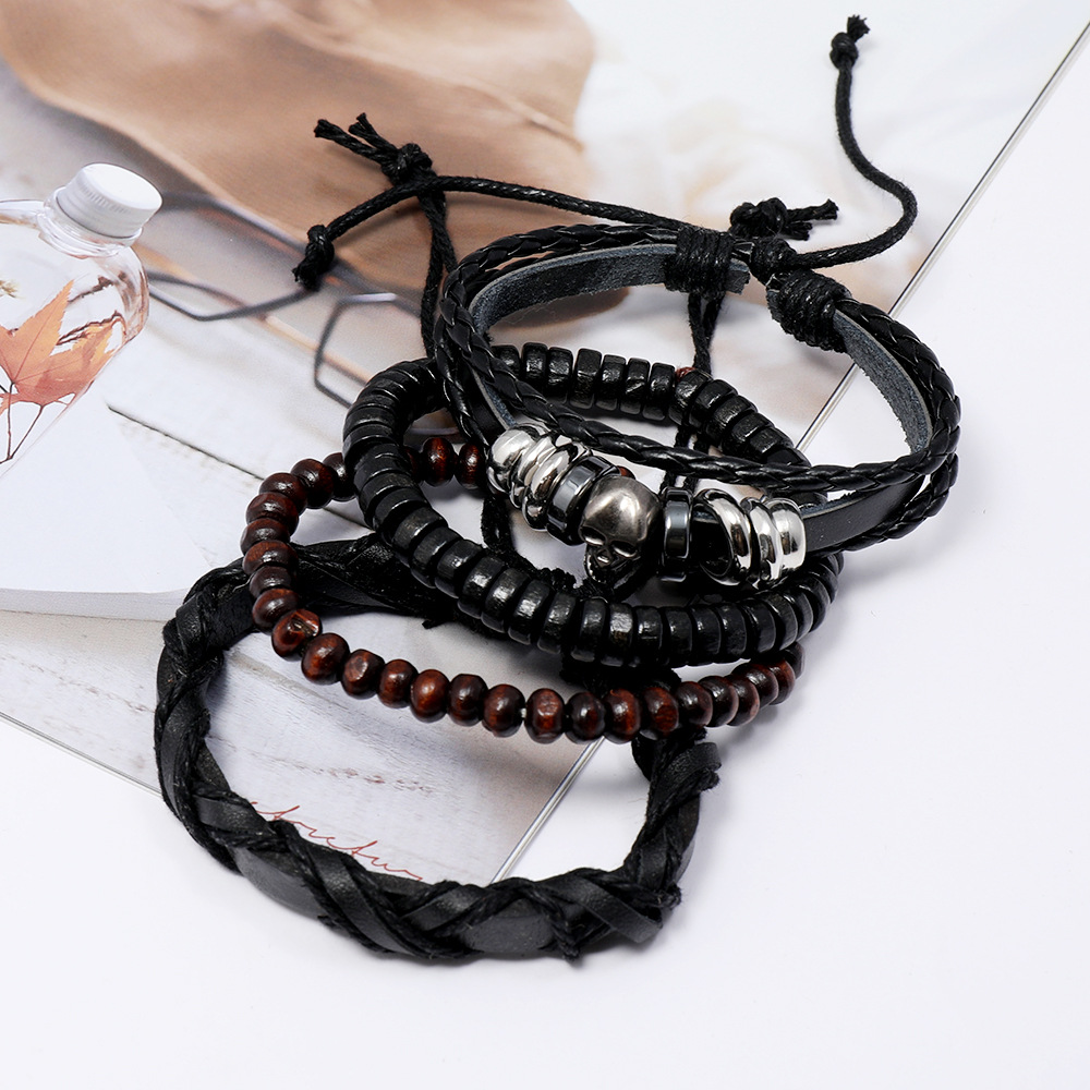 Set 4 vòng tay da nam skull caribe kết hợp phong cách retro