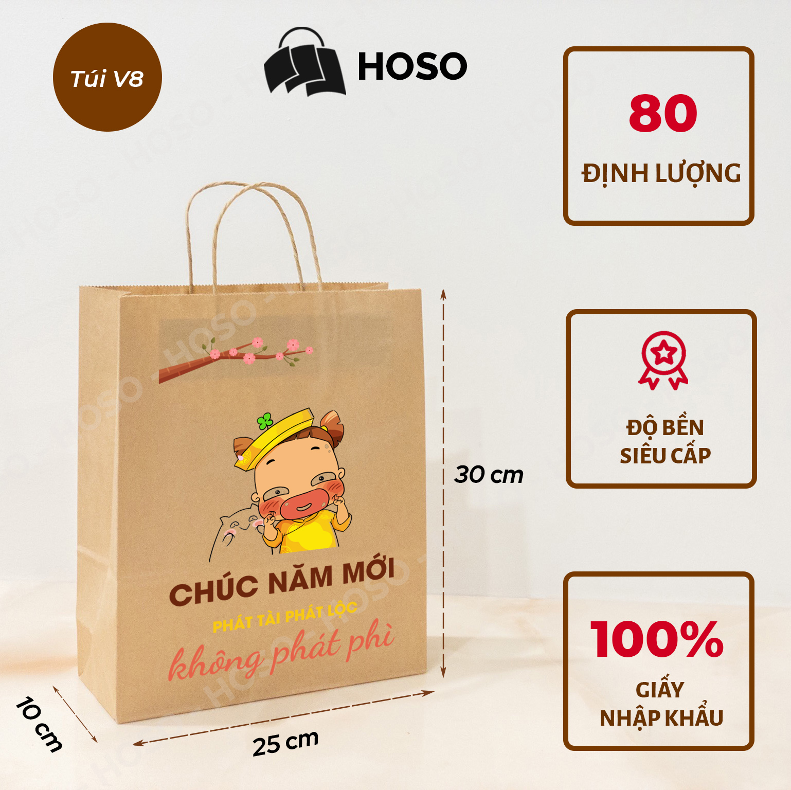 Túi giấy kraft in sẵn đựng quà chúc tết 2023, chúc mừng năm mới đẹp