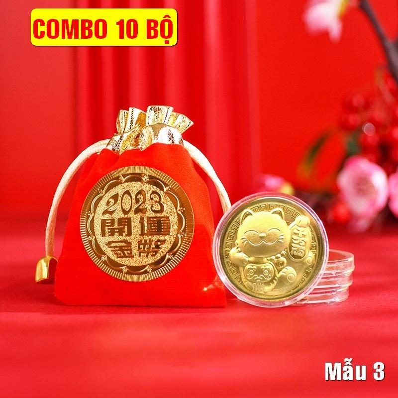 COMBO 10 Đồng Xu Hình Mèo Vàng , tặng túi gấm đỏ 2023 - Mẫu 3, Tiền lì xì tết 2023 , NELI