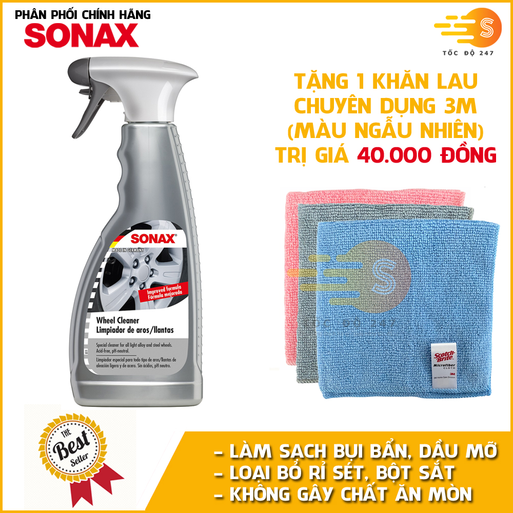 Chai xịt vệ sinh vành xe, mâm xe, hợp kim và vành thép má phanh Sonax 429200 500ml - tặng 1 khăn 3M màu ngẫu nhiên - làm sạch bụi bẩn, loại bỏ rỉ sét, bột sắt, bột phanh, không ăn mòn