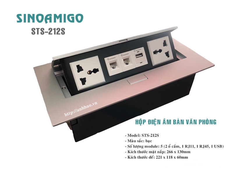 Ổ cắm điện âm bàn văn phòng Sinoamigo STS-212S ( gồm 2 ổ cắm 3 chấu, 1 ổ mạng, 1 ổ thoại, 1 ổ USB data) dùng lắp âm bàn văn phòng, phòng họp