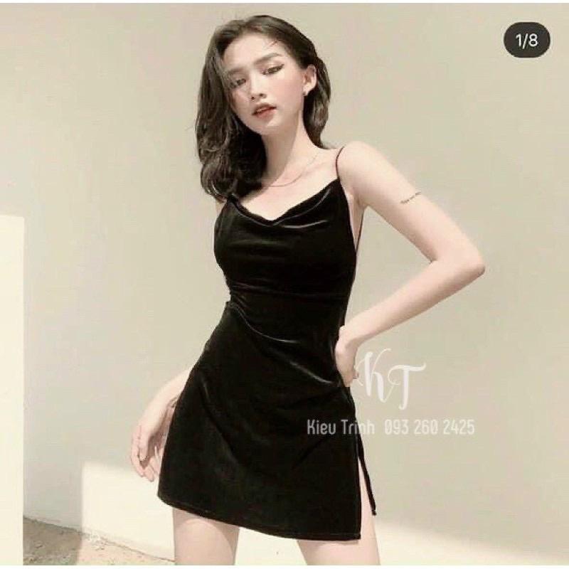 Đầm nhung ngắn xẻ tà hở lưng
