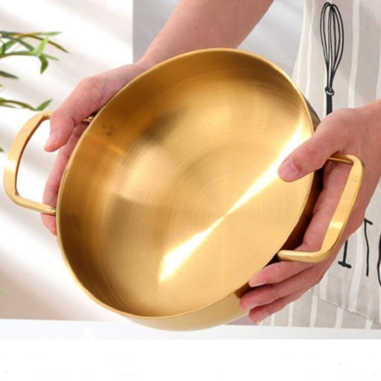 Chảo vàng 24cm thép không gỉ dày hai tay cầm màu vàng phong cách Hàn Quốc