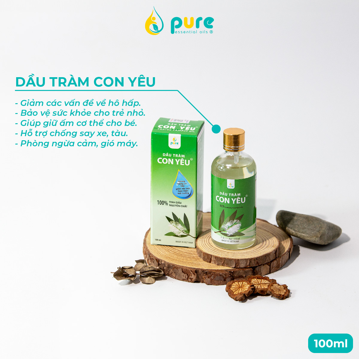 Dầu Tràm Con Yêu 100% tinh dầu thiên nhiên - Giúp làm ấm người, phòng cảm lạnh chai 50ml/100ml - Tinh dầu thiên nhiên, an toàn cho sức khỏe gia đình