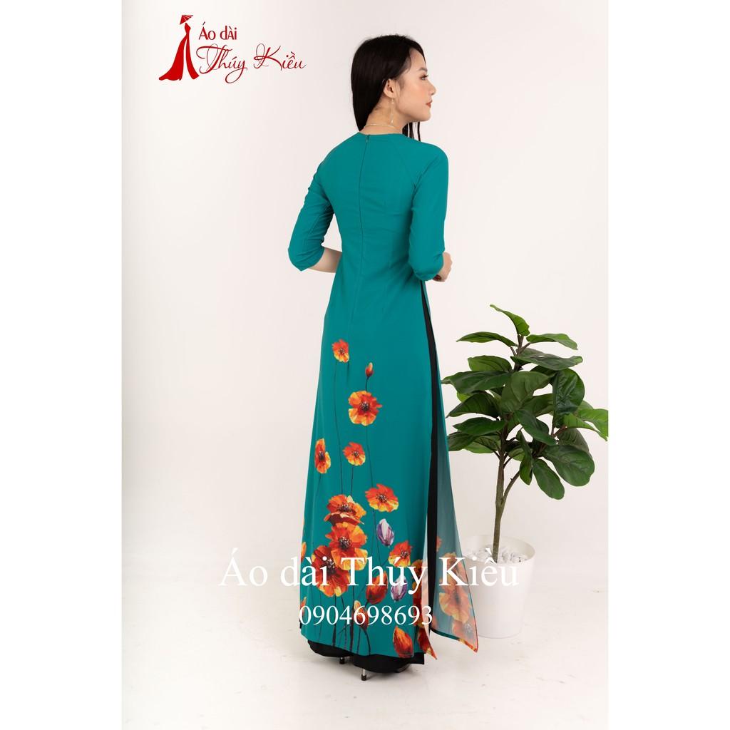 Áo dài Thúy Kiều in 3D lụa Nhật xanh cổ vịt hoa dây cam k54