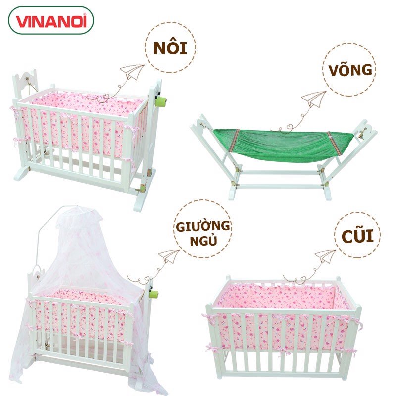 Nôi Em Bé Tự Động VINANOI-VNN301T Gỗ Thông Cao Cấp Vừa Làm Nôi Vừa Làm Võng Màu Trắng