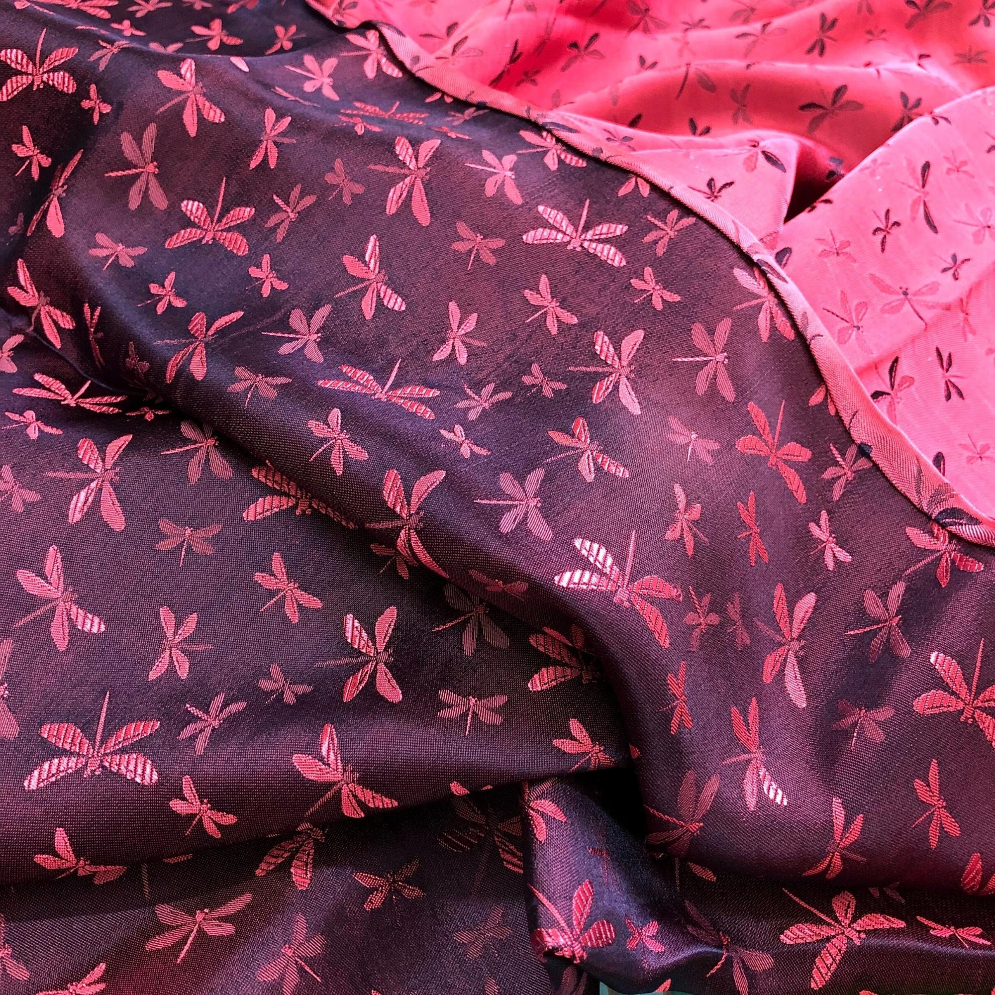 Vải Lụa Tơ Tằm văn chuồn chuồn màu tím hồng, mềm#mượt#mịn, dệt thủ công, khổ vải 90cm