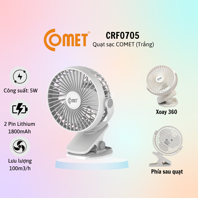 Quạt Kẹp Sạc Mini Tích Điện Comet Xoay 360 Độ CRF0705 (5W) - Hàng chính hãng