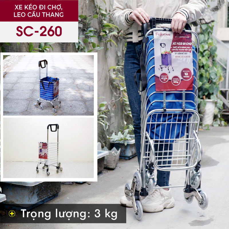 Xe kéo đi chợ, leo cầu thang FUJIHOME SC-260 tải trọng 50-60kg, Thiết kế cực kì chắc khoẻ giúp xe vận hành cực kì êm ái và bền bỉ