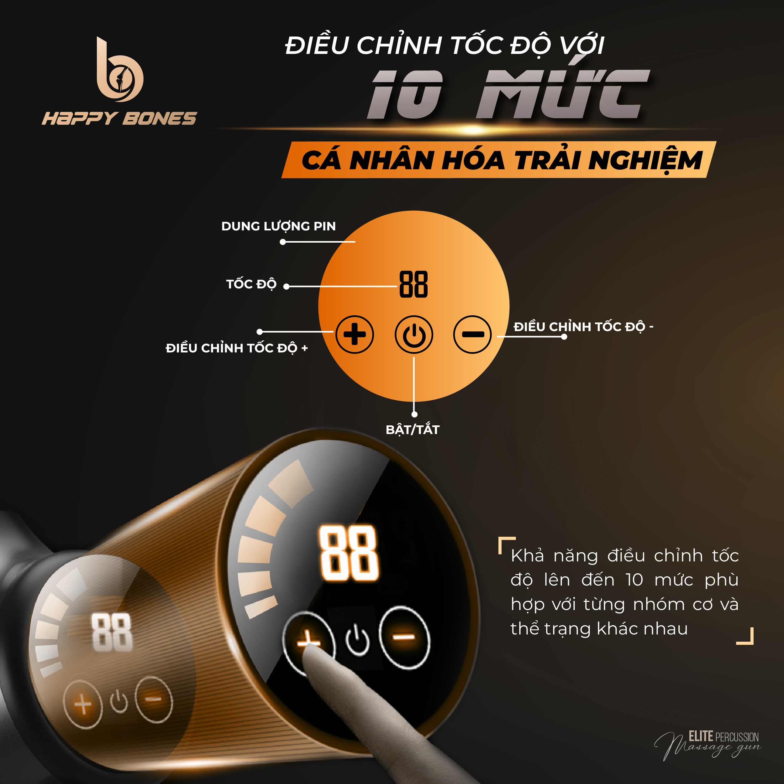 Máy Massage Cầm Tay HAPPY BONES - 6 Đầu 10 Cấp Độ, Mát Xa Cơ Sâu, Hỗ Trợ Giảm Căng Cứng Khớp - Quà Tặng Cho Sức Khỏe