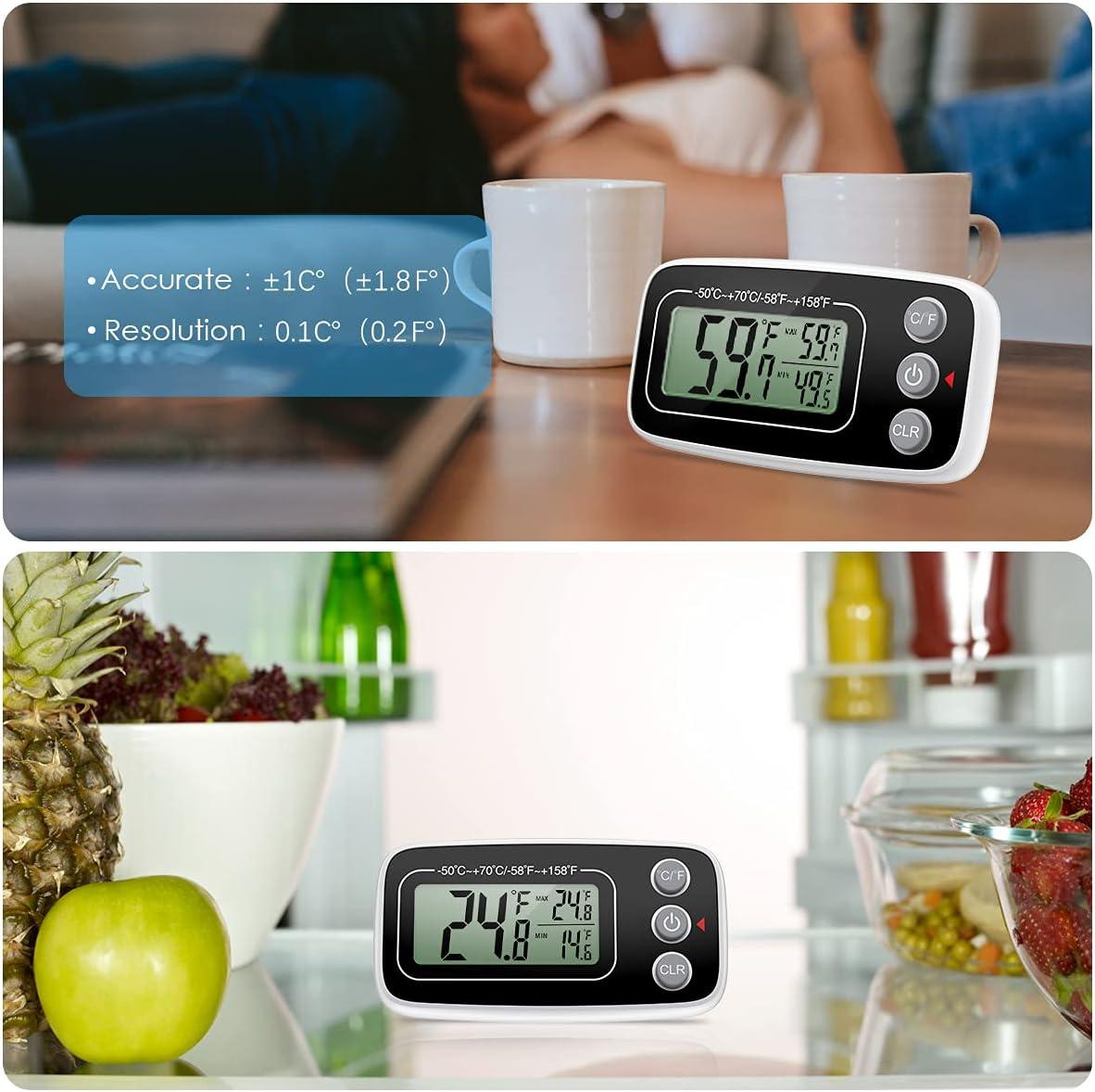 Tủ lạnh thermometre, tủ lạnh kỹ thuật số mini Tủ đông nhiệt kế, khoảng cách nhiệt độ -50 đến 70 ° C với móc, ghi tối đa /phút, màn hình LCD, chuyển đổi ℃ /℉