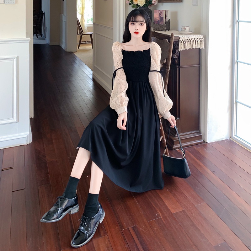 Đầm Nữ Dịu Dàng Cổ vuông xếp ly nhỏ thanh lịch đầm đen cao cấp màu trà nâu siêu cổ tích lưới khâu đầm ngọt ngào Sica19