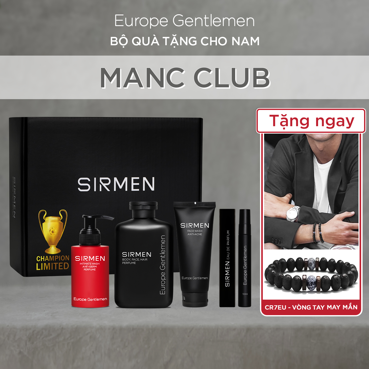 [CHAMPION LIMITED] Giftbox Combo 4 MANC CLUB SIRMEN Gồm Sữa tắm gội nam - Sữa rửa mặt nam - Dung dịch VS và Nước hoa nam 10ml