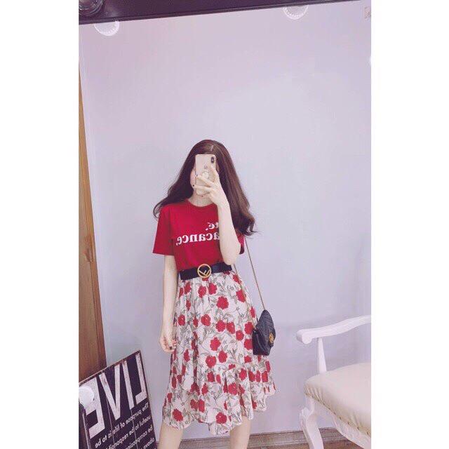 Set áo thun in chữ mix chân váy hoa xoè sale