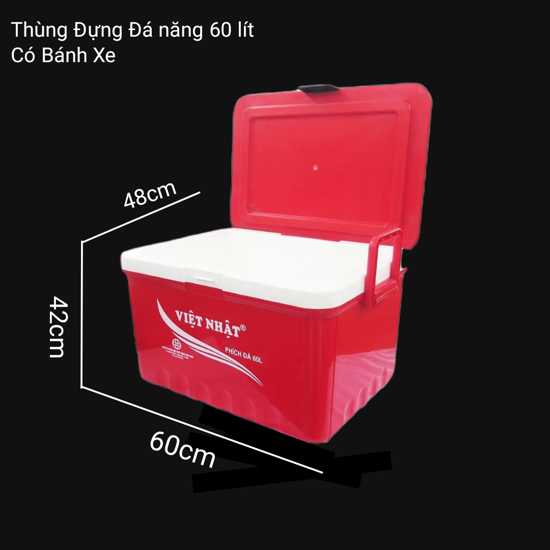 Phích vuông giữ nhiệt 60L đựng đá thực phẩm đa năng có 4 bánh xe dễ di chuyển khi sử dụng