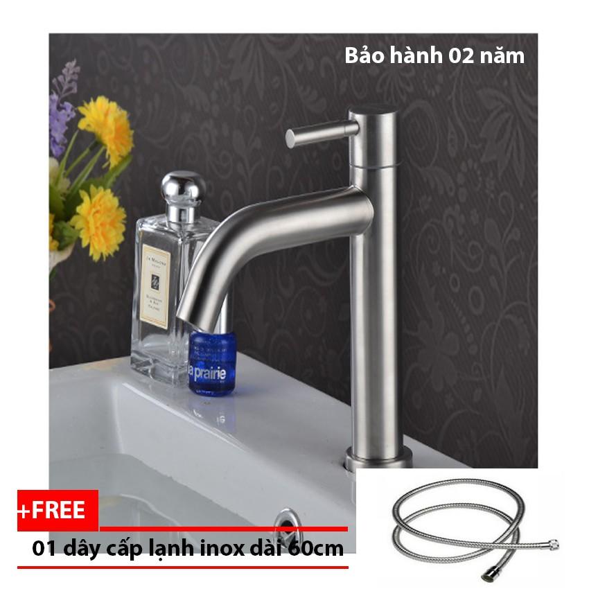 Vòi lavabo xả lạnh cắm chậu OS107 chất liêu inox 304 - tặng kèm dây cấp lạnh inox dài 60cm - bảo hành 2 năm toàn quốc