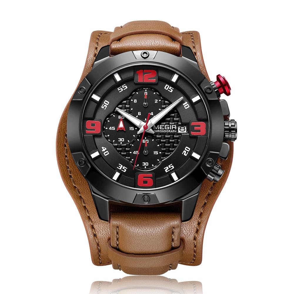 Đồng hồ nam MEGIR 2099 Quartz Sport đeo tay đơn giản Dây da 3ATM Lịch chống nước Chronograph Bàn tay dạ quang
