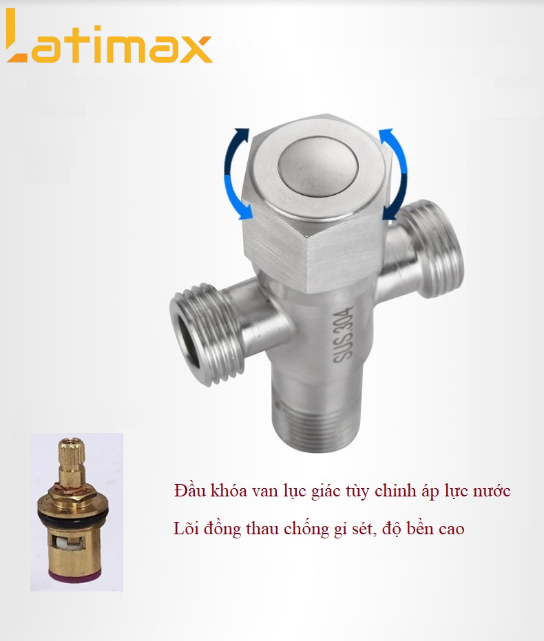 Van chia nước, van giảm áp T cầu Inox 304 chia 2 đường nước có khóa Latimax VGA2 cao cấp