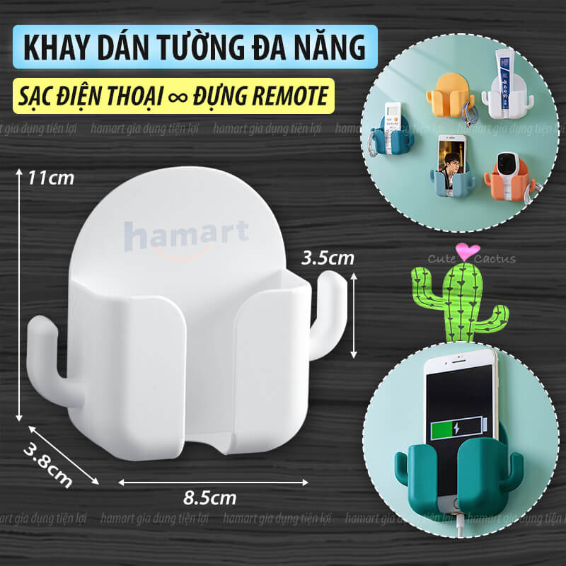 Kệ Dán Tường Để Điện Thoại Remote Hamart Đa Năng 1 Ngăn Lớn Trắng 2 Móc Treo Tiện Lợi