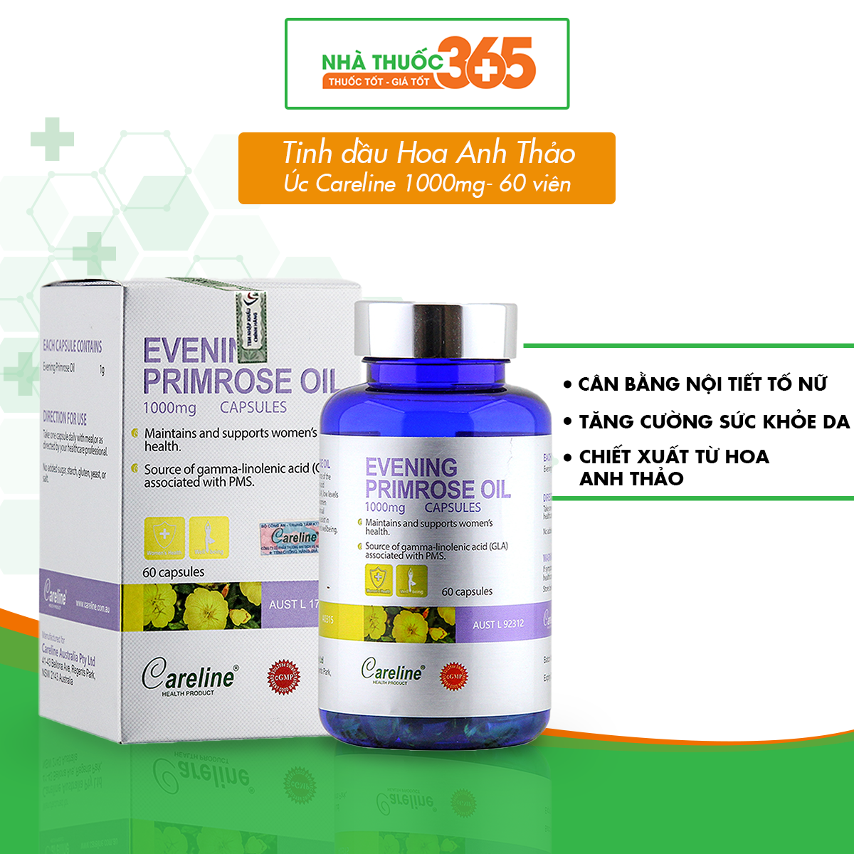 Viên Uống Tinh Dầu Hoa Anh Thảo Careline Evening Primrose Oil 1000Mg Tăng Cường Sức Khoẻ Nội Tiết Và Làn Da