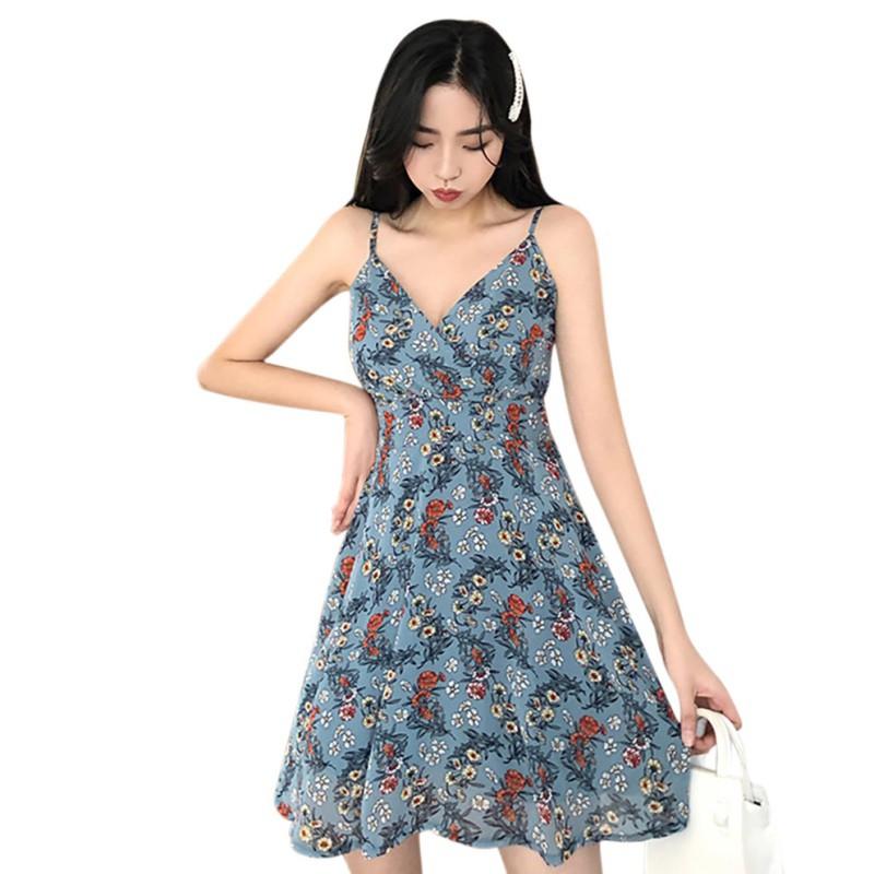 Đầm Hoa Cổ Chữ V Phong Cách Retro Xinh Xắn Cho Nữ