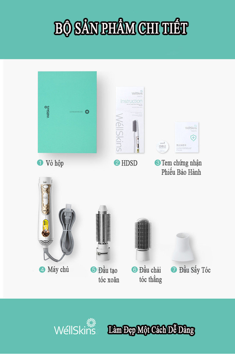 Máy tạo kiểu tóc 4 trong 1 Xiaomi Wellskins Sấy, Uốn, Chải, Chăm sóc Ion - Hàng Chính Hãng