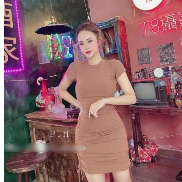 Đầm body nhún sườn dây cột nơ cổ tròn siêu hot