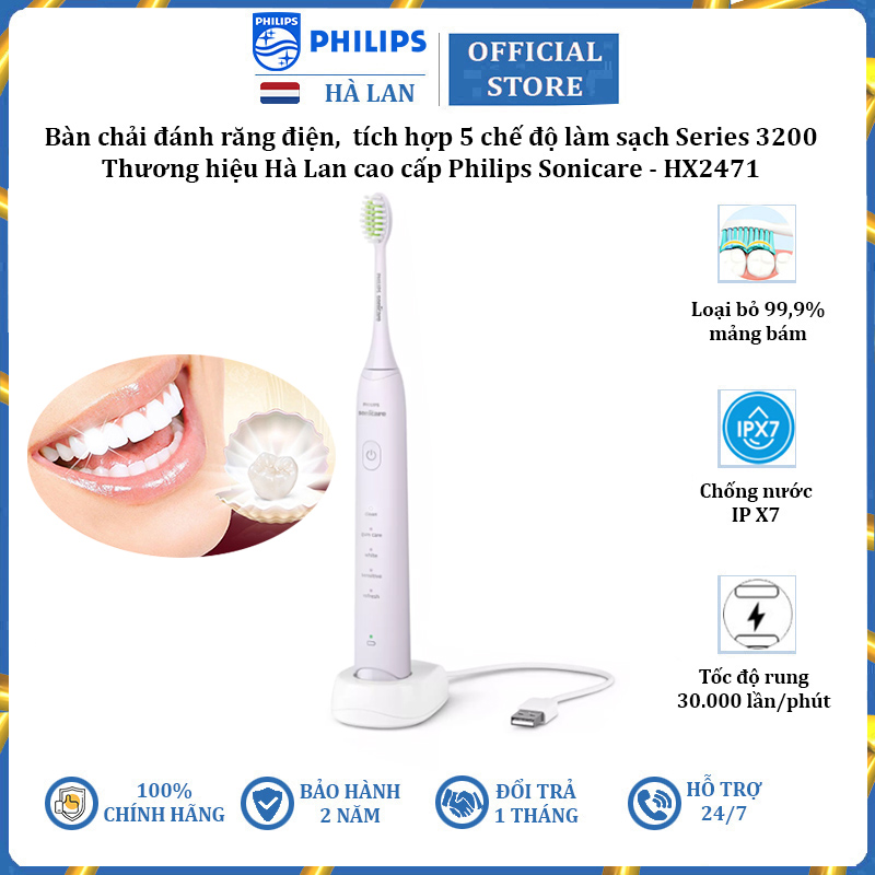 Bàn chải đánh răng điện, tích hợp 5 chế độ làm sạch Series 3200 thương hiệu cao cấp Philips Sonicare HX2471 - Hàng Chính Hãng