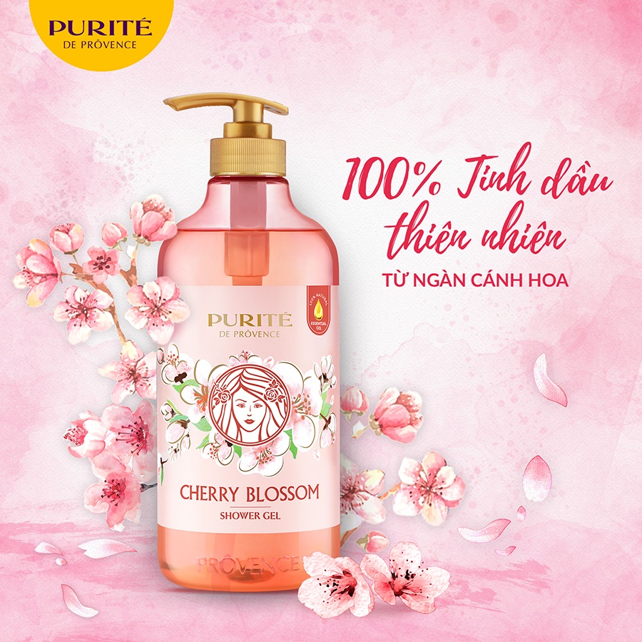 Combo Sữa Tắm Thiên Nhiên Mềm Mịn Hoa Hồng Purité 850ml/chai + Sáng Mịn Hoa Anh Đào 850ml/chai
