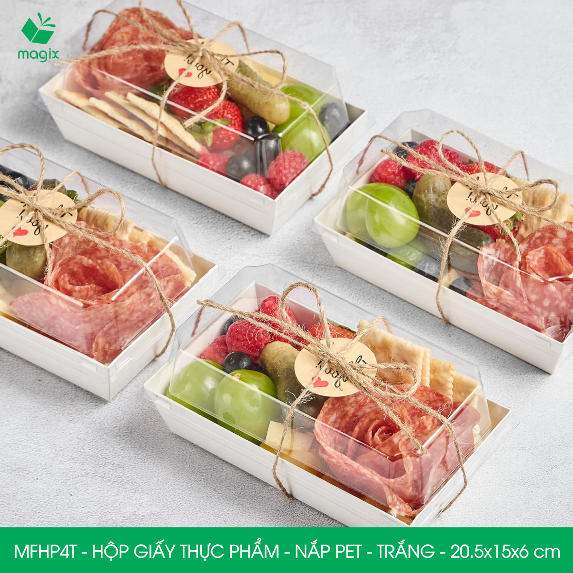 MFHP4T - 20.5x15x6 cm - 100 hộp giấy thực phẩm màu trắng nắp Pet, hộp giấy chữ nhật đựng thức ăn, hộp bánh nắp trong