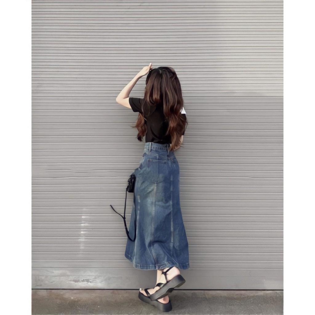 Chân Váy Jeans Nữ Đuôi Cá Xẻ Vạt Cạp Cao Dáng Ôm