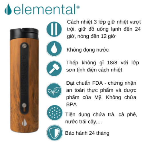 [Hàng chính hãng – Thương hiệu Mỹ] Bình giữ nhiệt Elemental Iconic sport màu vân gỗ 590ml, giữ nhiệt vượt trội, inox 304, FDA Hoa Kì, An toàn sức khỏe, có ống hút