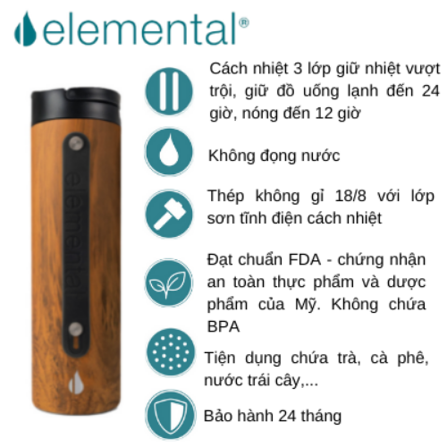BÌNH GIỮ NHIỆT ELEMENTAL SPORT MÀU VÂN GỖ , BÌNH NHẬP KHẨU MỸ, ĐẠT CHUẨN FDA HOA KỲ, THÉP 304 KHÔNG GỈ, GIỮ NÓNG LẠNH