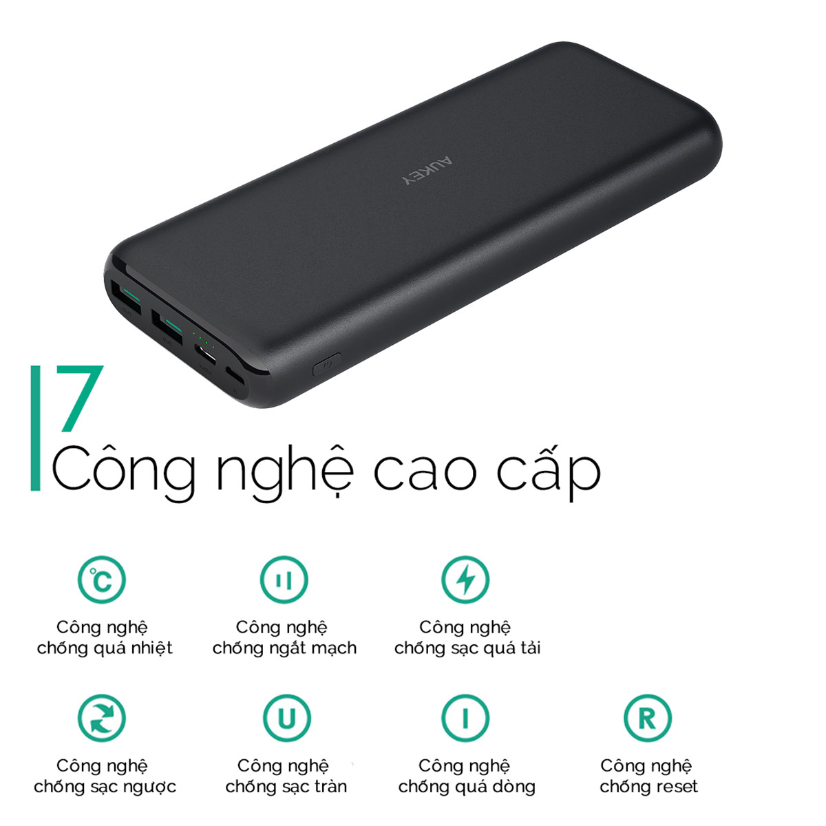 Pin Sạc Dự Phòng 20000mAh Aukey PB-XN20 2 Cổng AiPower  Tích Hợp Cổng Type C In/Out 15W - Hàng Chính Hãng